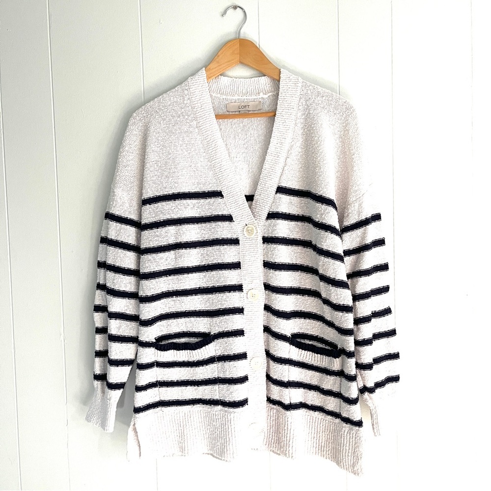 Loft V-Neck White Blue Striped Cardigan Sweater Pockets Large 100% Cotton
